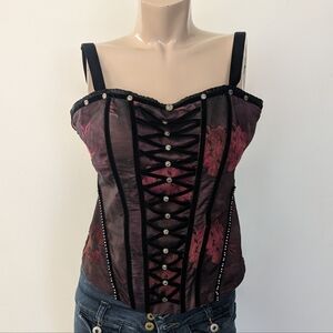 Chic Black and Pink Lace-Up Corset Blouse, small fit medium-large